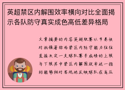 英超禁区内解围效率横向对比全面揭示各队防守真实成色高低差异格局 英超禁区内解围效率横向对比全面揭示各队防守真实成色高低差异格局