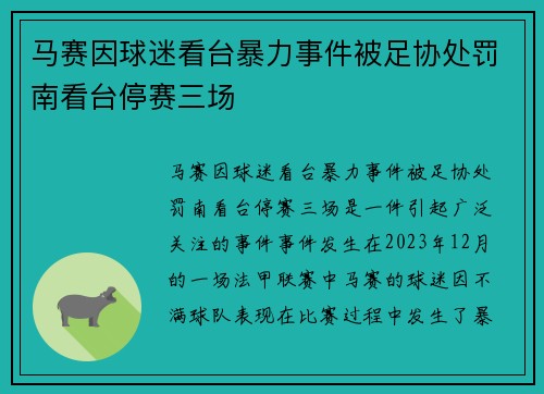 马赛因球迷看台暴力事件被足协处罚南看台停赛三场